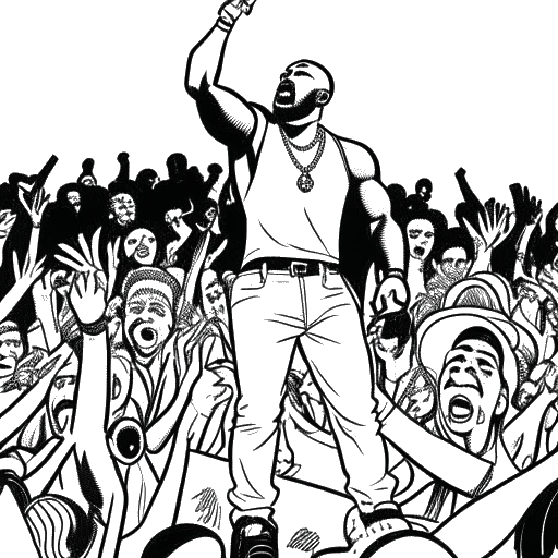 Line drawing of a man, symbolizing That Mexican Ot, energetically performing with a microphone. His tattoo, depicting a lucha libre mask, is highlighted, and the background features an animated crowd and musical notes, indicating a vibrant hip-hop concert.