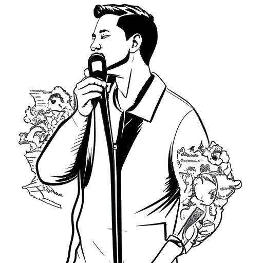 Desenho de arte de linha de um homem, representando That Mexican OT, segurando um microfone com um mapa dos EUA e outros artistas ao fundo.