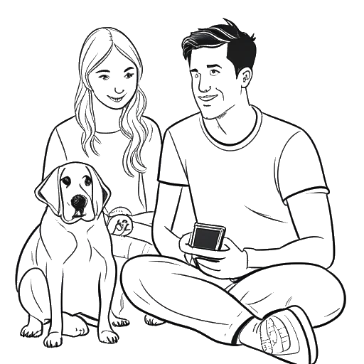 Line art drawing of a man, representing That Mexican OT, holding a video game controller with his girlfriend, dog, and family in the background.