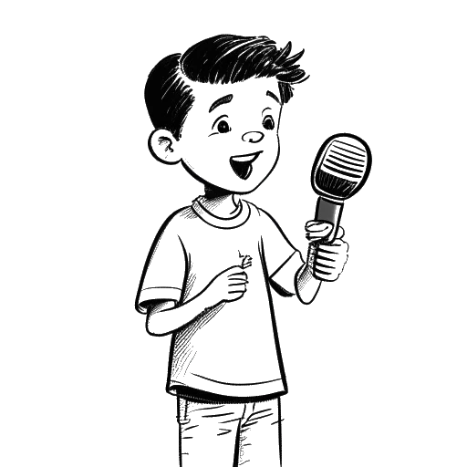 Desenho de arte de linha de um menino, representando That Mexican OT, segurando um microfone enquanto assiste ao 106 & Park na TV.
