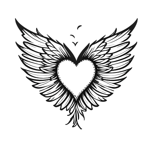Linienzeichnung eines gebrochenen Herzens mit einem geflügelten Heiligenschein-Symbol, das den Verlust von OTs Mutter repräsentiert.