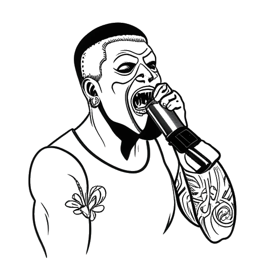 Desenho de arte de linha de um homem, representando That Mexican OT, segurando um microfone com uma tatuagem de máscara de luchador na mão.