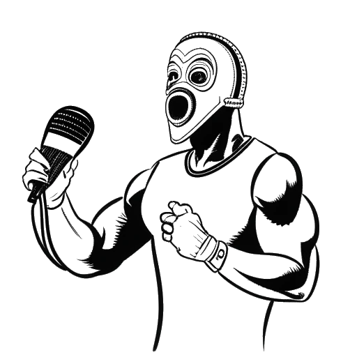Line art drawing of a man, representing That Mexican OT, holding a microphone with a record contract and a luchador mask in the background.