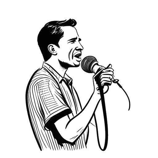 Line art drawing of a man, representing That Mexican OT, holding a microphone with a prison cell in the background.