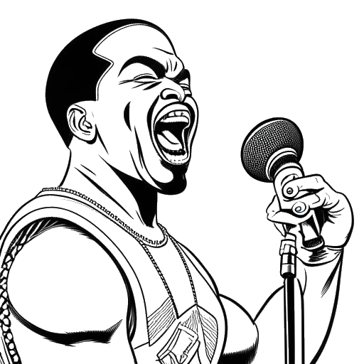 Line art drawing of a man, representing That Mexican OT, holding a microphone with Slick Rick and a lucha libre wrestler in the background.
