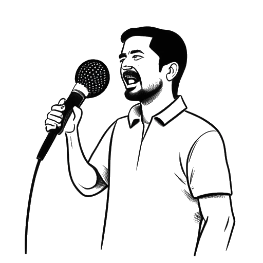 Line art drawing of a man, representing That Mexican OT, holding a microphone with Texan-Mexican flags in the background.