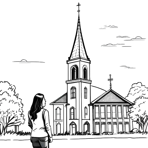 Line drawing of a woman, representing Stephanie Soo, standing resolute with a church and high school in the background.