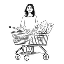A one-line drawing of Stephanie Soo with a shopping cart filled with merchandise, showcasing her entrepreneurial ventures.