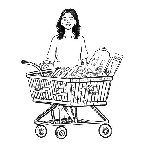Um desenho de Stephanie Soo com um carrinho de compras cheio de mercadorias, mostrando seus empreendimentos empresariais.
