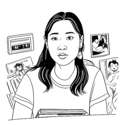 Line drawing of a woman, representing Stephanie Soo, captivated in watching horror films, true crime documentaries, and Korean thrillers.