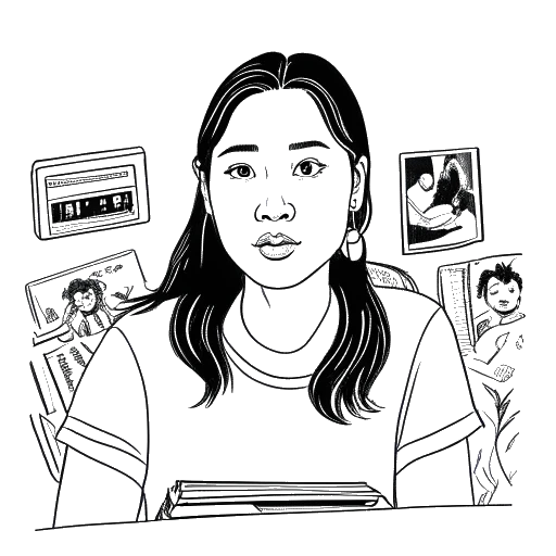A one-line drawing of Stephanie Soo with a captivating expression, engrossed in watching horror movies, true crime documentaries, and Korean thrillers.