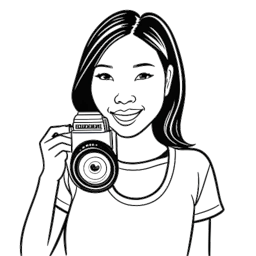 Um desenho de Stephanie Soo, segurando uma câmera e um botão de reprodução, simbolizando seu sucesso no YouTube.