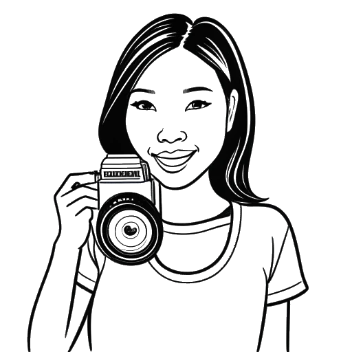 Een eenregelige tekening van Stephanie Soo, met een camera en een afspeelknop in de hand, symbool voor haar YouTube-succes.
