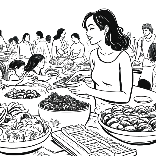 Disegno in stile line art di una donna che rappresenta Stephanie Soo, mentre mangia cibo e si connette con il suo pubblico. Sullo sfondo sono visibili i prodotti della sua linea di abbigliamento.