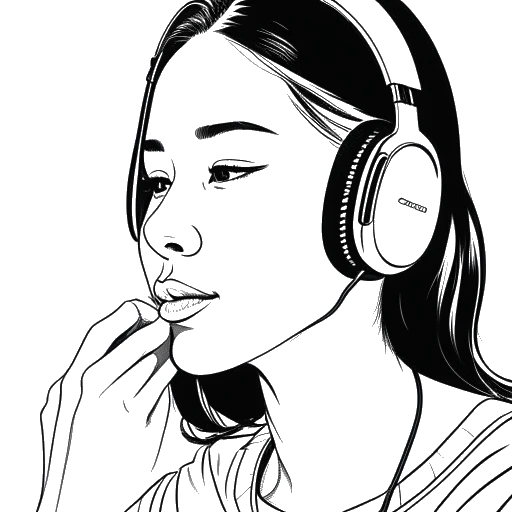Dessin en noir et blanc de Stephanie Soo portant des écouteurs, avec un artiste ASMR en arrière-plan effectuant un léchage et un nettoyage d'oreille