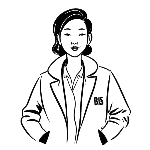 Line art drawing of Stephanie Soo wearing a jacket with the word 'biss' on it, with a speech bubble containing the word 'biss'