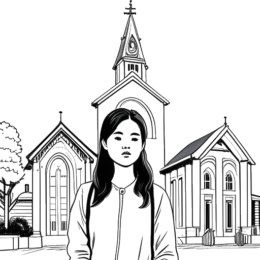 Disegno in arte lineare di una giovane Stephanie Soo in piedi di fronte a una chiesa con un'espressione triste