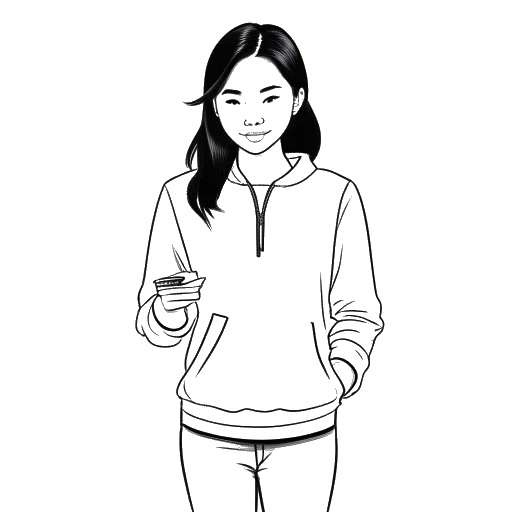 Line art drawing of Stephanie Soo holding a sweatshirt, a phone cover, a notebook, and a pair of joggers, with her clothing line logo in the background