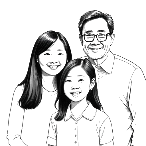 Line art drawing of a young Stephanie Soo with her younger sister Cindy Yoon and their pastor father, all standing together