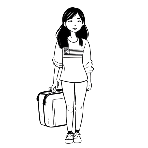 Line art drawing of a young girl, representing Stephanie Soo, holding a suitcase with the Korean and US flags on it