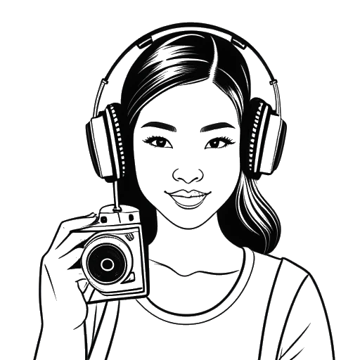 Dessin en noir et blanc de Stephanie Soo tenant une caméra et portant des écouteurs, avec le logo MissMangoButt en arrière-plan