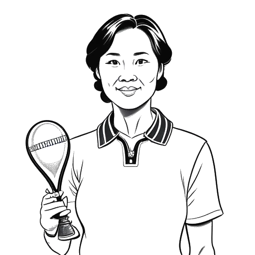 Line art drawing of Stephanie's mother holding a ping-pong paddle and a trophy, with a Korean flag in the background