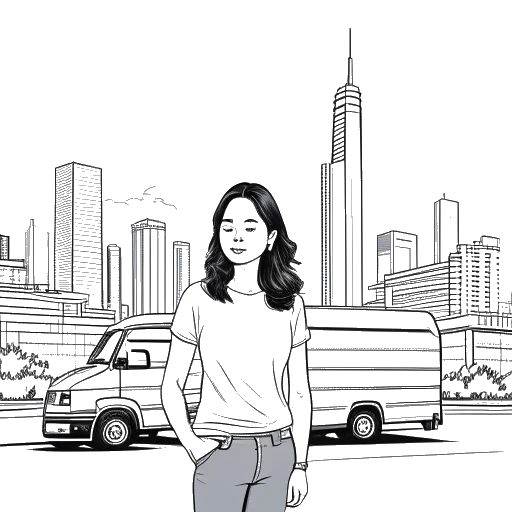 Line art drawing of Stephanie Soo standing in front of the Atlanta skyline, with a moving truck in the background