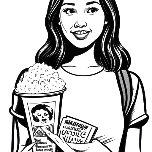 Desenho de arte linear de Stephanie Soo segurando um ingresso de cinema e um balde de pipoca, com pôsteres de filme de terror ao fundo