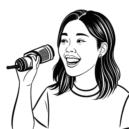 Line art drawing of Stephanie Soo holding a microphone and eating food in front of a camera, with the YouTube logo in the background
