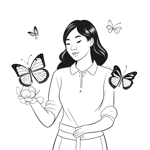 Dessin en noir et blanc de Stephanie Soo tenant une barbe à papa et un jardinier tenant des papillons