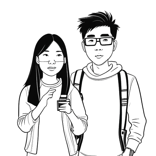 Line art drawing of Stephanie Soo and Rui Qian, with Rui wearing a mask, standing in front of a camera