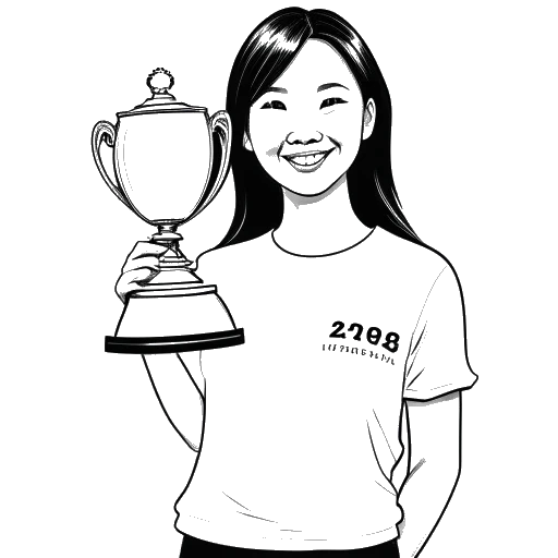Line art drawing of Stephanie Soo holding a large trophy with the numbers 2,000,000 and 1,000,000 on it
