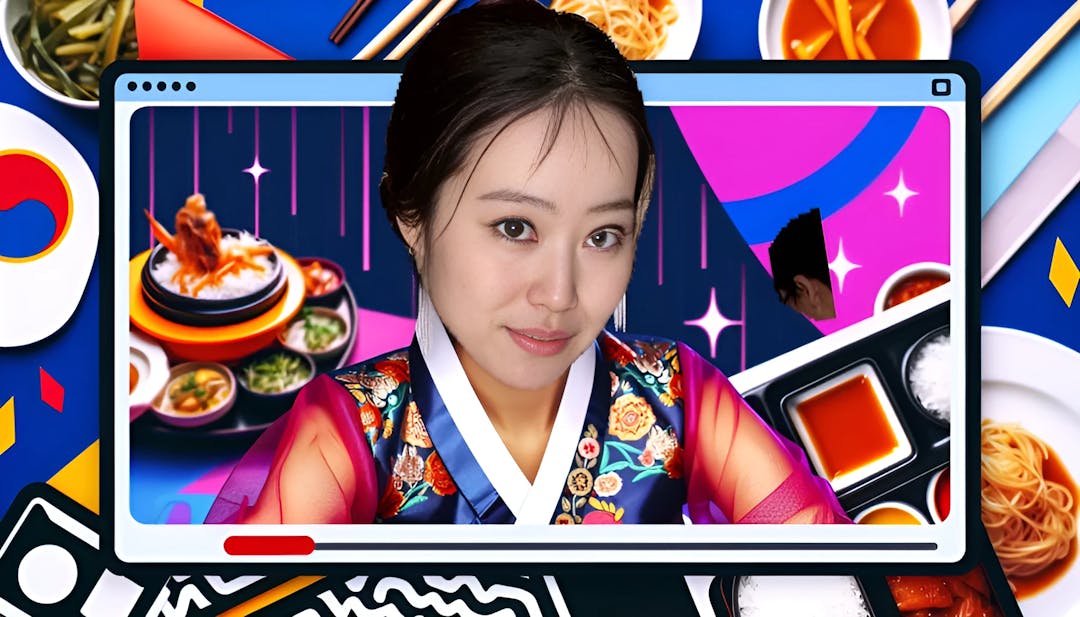 Stephanie Soo vestindo um Hanbok tradicional, sorrindo para a câmera, cercada por cores vibrantes e pratos coreanos, refletindo sua personalidade energética e conteúdo do YouTube.
