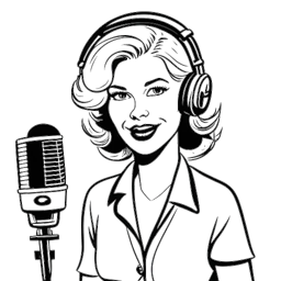 Linienkunst Darstellung einer Frau, die Bunnie DeFord symbolisiert, in einem Podcast Aufnahmeset mit einem Mikrofon und einer Kamera, und einem 'Dumb Blonde Productions' Logo, sichtbar auf einem Bildschirm, alles gegen einen weißen Hintergrund.