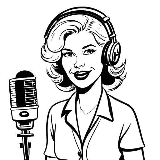 Representação em arte linear de uma mulher, simbolizando Bunnie DeFord, em um cenário de gravação de podcast com microfone e câmera, e um logotipo 'Produções Dumb Blonde' visível em uma tela, tudo em um fundo branco.