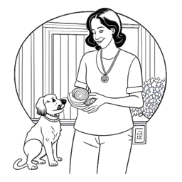 Un'illustrazione di una donna, che rappresenta Bunnie DeFord, con una medaglia di sobrietà in mano e un cane accanto a sé, a simboleggiare il suo impegno per la famiglia e il benessere degli animali, in un ambiente familiare, su sfondo bianco.