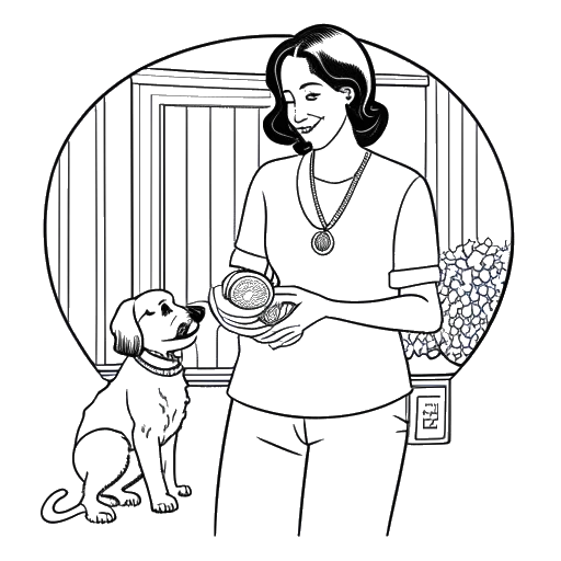 Uma ilustração de uma mulher, representando Bunnie DeFord, com um medalhão de sobriedade em mãos e um cachorro ao seu lado, simbolizando seu compromisso com a família e o bem-estar animal, em um ambiente acolhedor, em um fundo branco.