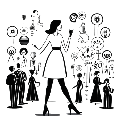 Bozzetto di una donna, incarnando Bunnie DeFord, sotto i riflettori con vari simboli dei social media che la circondano, e accanto a una figura stilizzata su un palco, indicante il marito musicista, su una tela bianca.