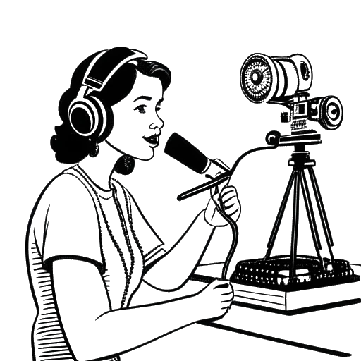 Line art tekening van een vrouw die Bunnie Xo voorstelt op het werk, met een microfoon, koptelefoon, camera, tijdschrift cover, en productie clapper board zwevend in de buurt, tegen een witte achtergrond.