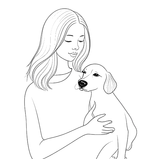 Dibujo lineal de una mujer sosteniendo un perro, representando a Bunnie Xo y Chachi