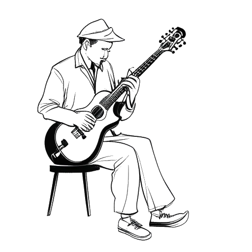 Line art drawing of a man playing an instrument, representing Bunnie Xo's father