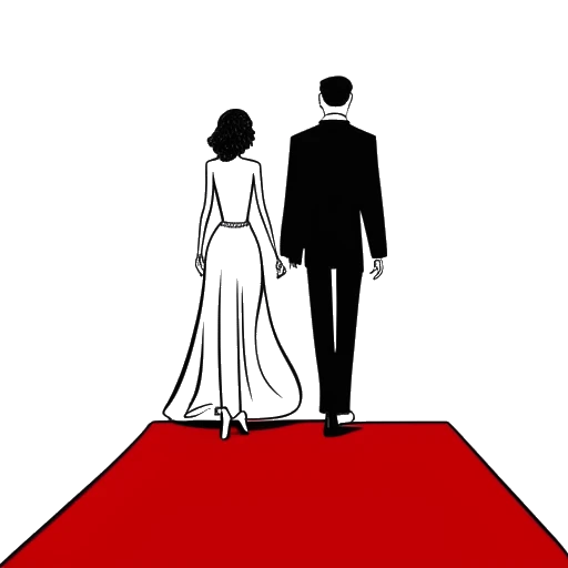 Line art drawing of a man and a woman walking together on a red carpet, representing Bunnie Xo and Jelly Roll