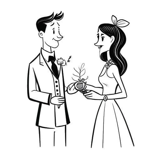 Dessin au trait d'un homme et d'une femme échangeant des vœux, représentant Bunnie Xo et Jelly Roll
