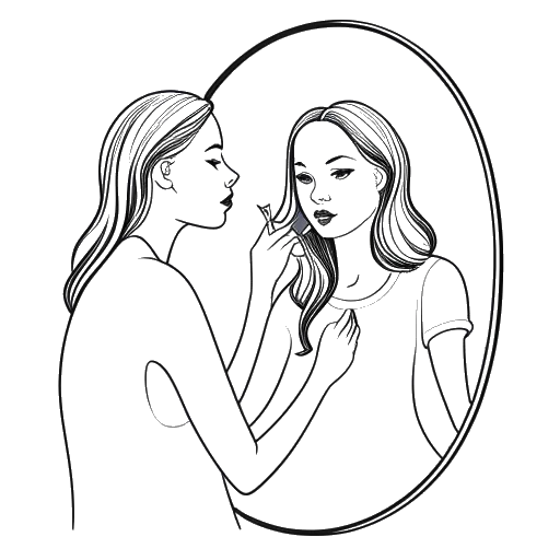 Dibujo lineal de una mujer frente a un espejo, representando a Bunnie Xo