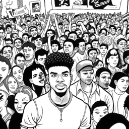 Line art drawing of Blueface standing amidst a crowd of fans, surrounded by billboards, charts, and awards. The image represents his rise to fame and mainstream success.