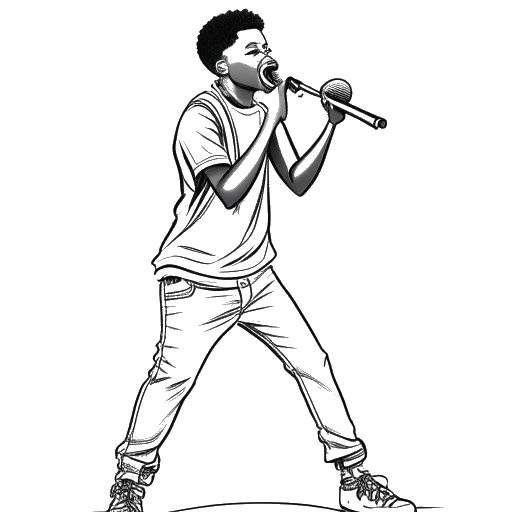 Line art drawing of a young man playing football, transitioning to holding a microphone and performing on a stage, representing Blueface's journey from football to rap. The image represents his early life and musical beginnings.