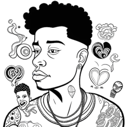 Line art drawing of Blueface representing personal challenges and criticisms, symbolized by question marks, speech bubbles, and hearts. The drawing depicts his journey amidst various obstacles and controversies.