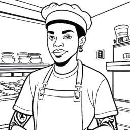 Line art drawing of Blueface wearing a chef's hat and apron, standing in front of his soul food restaurant, Blue's Fish and Soul. Symbols representing his TV show and professional boxing career accompany the main image. The drawing represents his ventures beyond music.