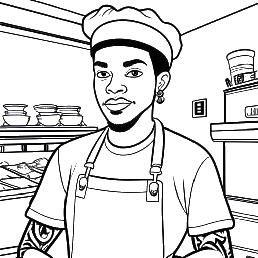 Line art drawing of Blueface wearing a chef's hat and apron, standing in front of his soul food restaurant, Blue's Fish and Soul. Symbols representing his TV show and professional boxing career accompany the main image. The drawing represents his ventures beyond music.