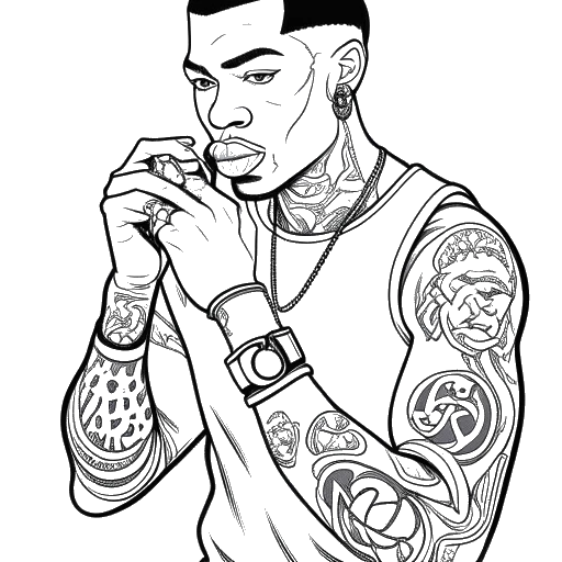 Dibujo de arte lineal de un hombre, representando a Blueface, con tatuajes en su rostro, un estilo de rap único y una postura de boxeo. El fondo muestra notas musicales, un restaurante, guantes de boxeo y una cámara, todo sobre un fondo blanco.